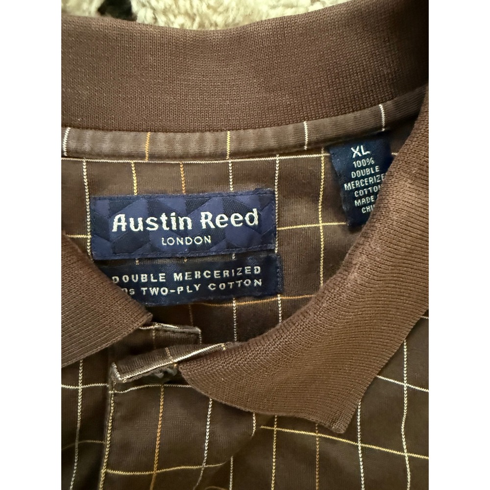 Austin Reed London Brown Grid Check Mercerized Cotton Polo Shirt Mens XL - Picture 2 of 5